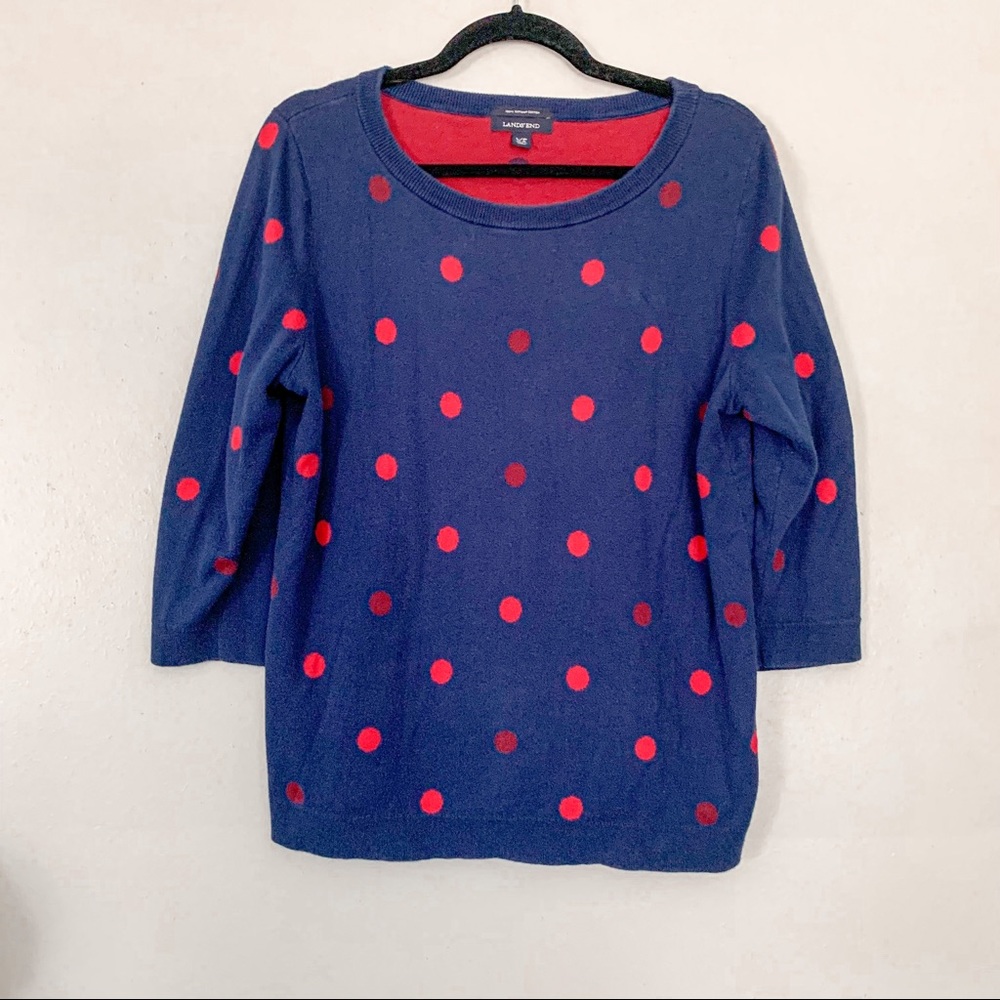 Lands’ End Supima Cotton Navy Blue Red Dot sweater